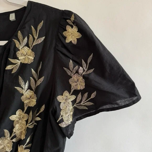 Elie Tahari Tiered Embroidered Maxi Dress Black Gold Floral 6 Smocked - Picture 2 of 11